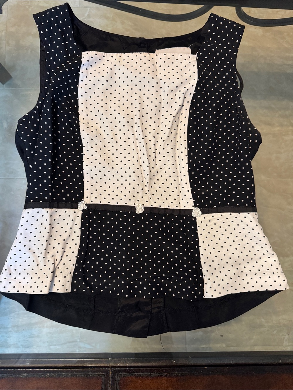 Vintage D.J. Summers Black Sleeveless Peplum Top with White Polka Dots